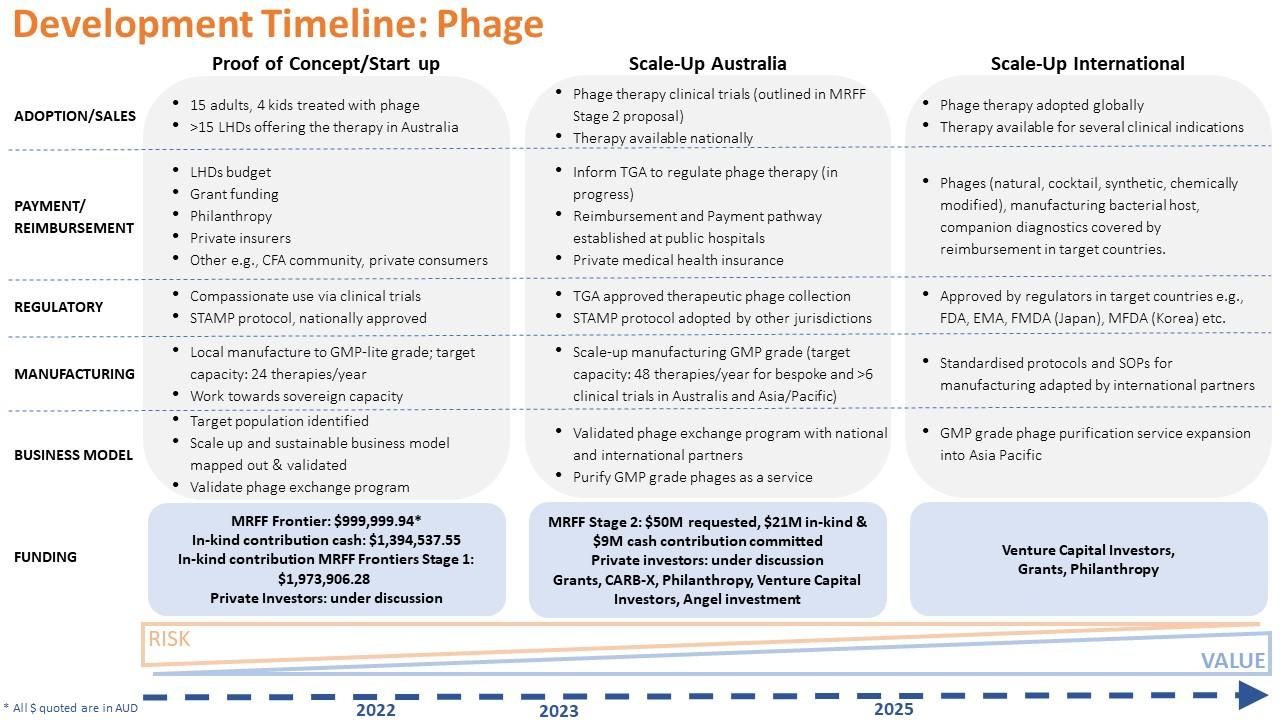 Fig. 7. Development timeline for phage therapy. The first 12 months is in real time (in line with MRFF Frontiers Stage 1 work) with risk and value projected beyond 2023. (credit: Idalia Dawidowska)