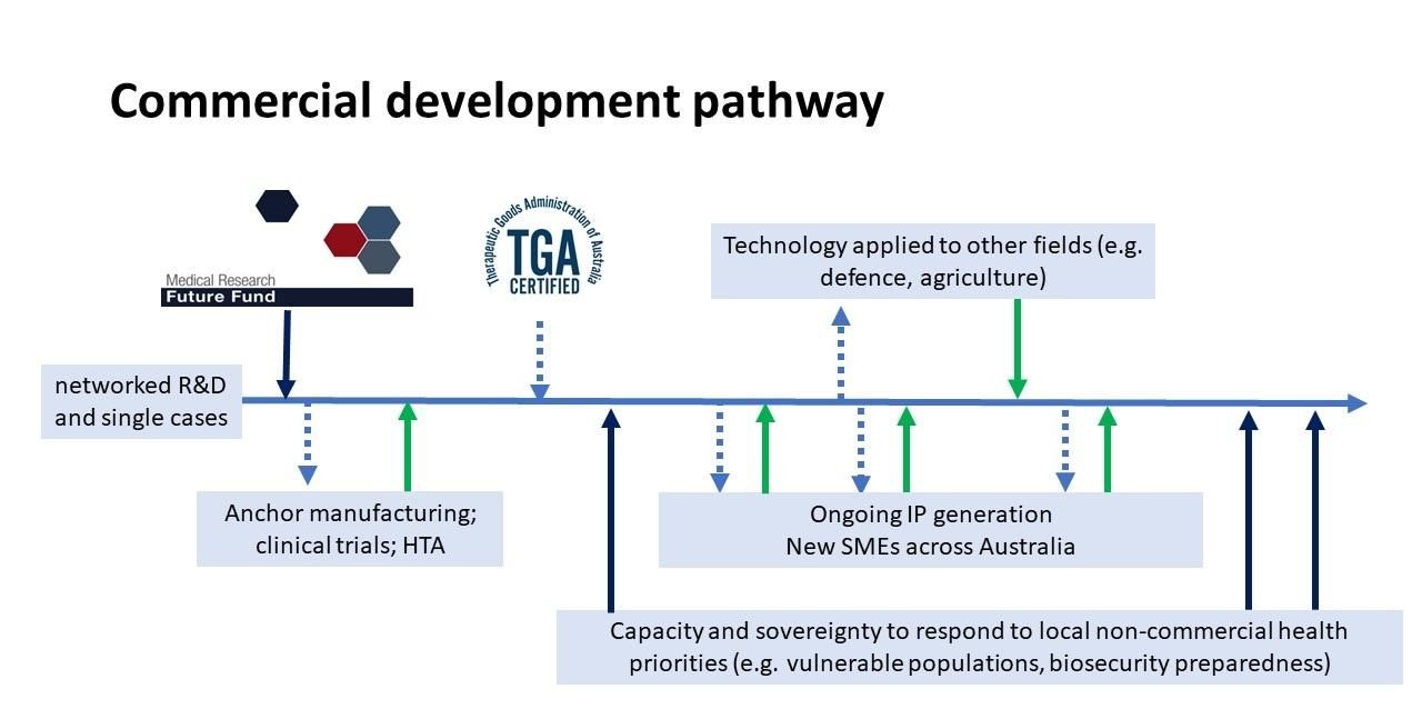 Fig. 6. Commercial development pathway of Phage Australia. X-axis denotes timeline. Dark arrows denote public good funding. Green arrows denote investment. Dotted arrows denote contribution to and from Phage Australia. HTA – health technology assessment. SME – small to medium-sized enterprise. Milestones from Stage 1 has been achieved (COVID permitting). (credit: Laura Collie)